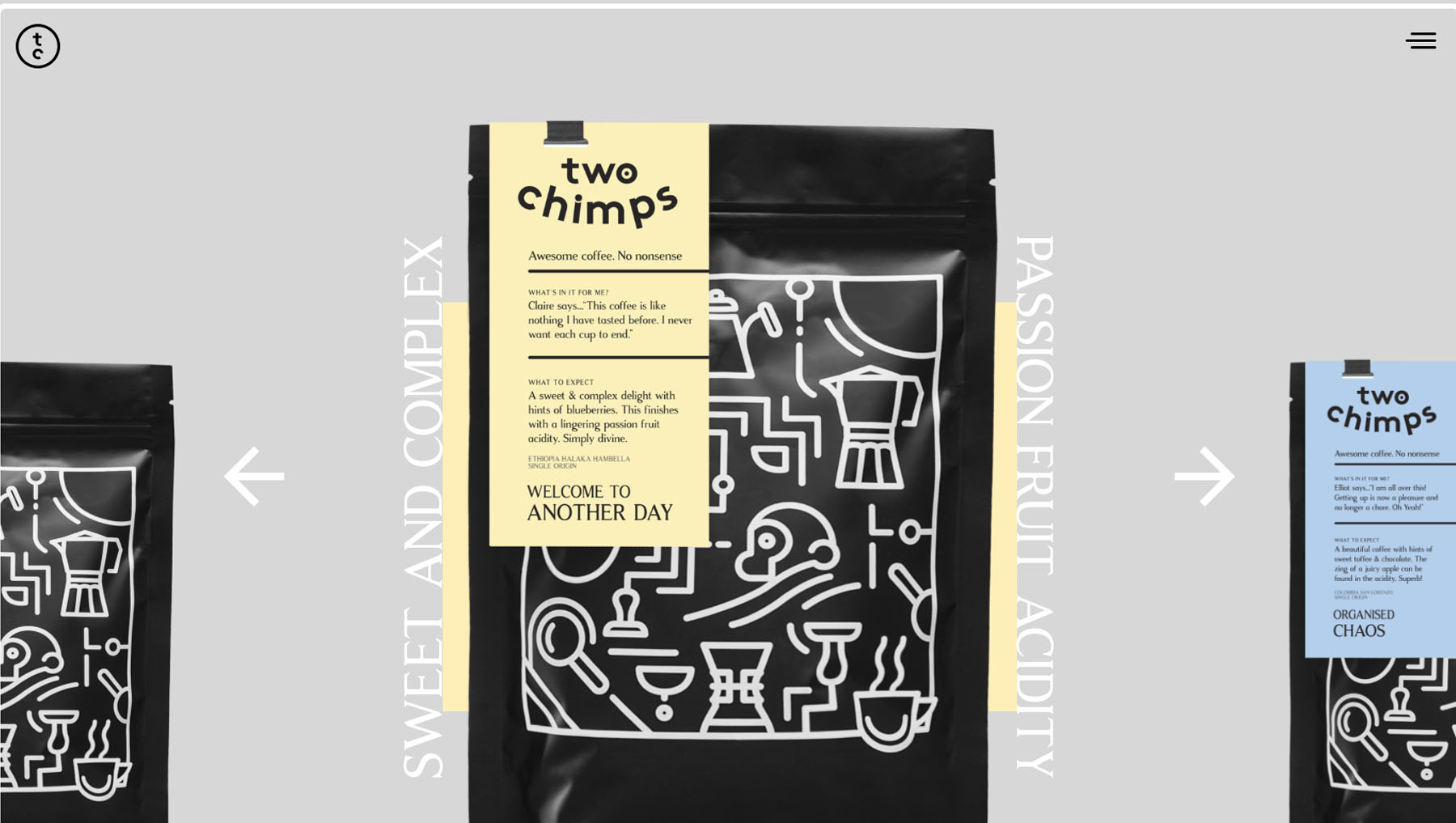Large package of coffee on the landing page of the Two Chips' online shop 